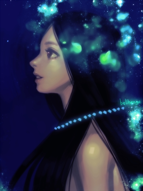 1girl, artist_name, bare_shoulders, bellhenge, black_hair, blue_background, brown_eyes, diamond_necklace