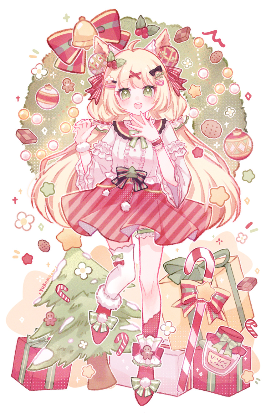 1girl, ^^^, absurdres, asymmetrical_legwear, bell, black_bow, blonde_hair, blush