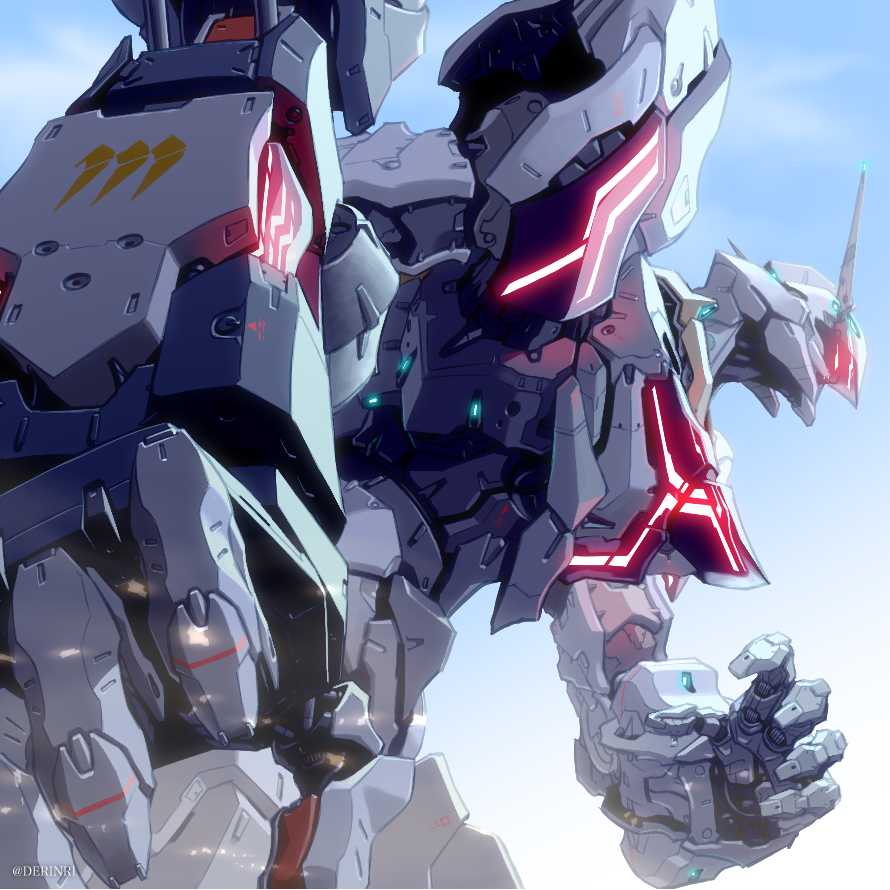 artist_name, clouds, de_ri_(derinri), embers, from_side, glowing, glowing_eye, gundam
