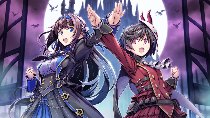 2girls, blue_eyes, brown_hair, castle, demon, full_moon, gal_guardians, gal_gun_(series)