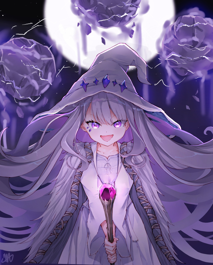 1girl, absurdres, cloak, cosplay, elden_ring, full_moon, grey_hair, hat