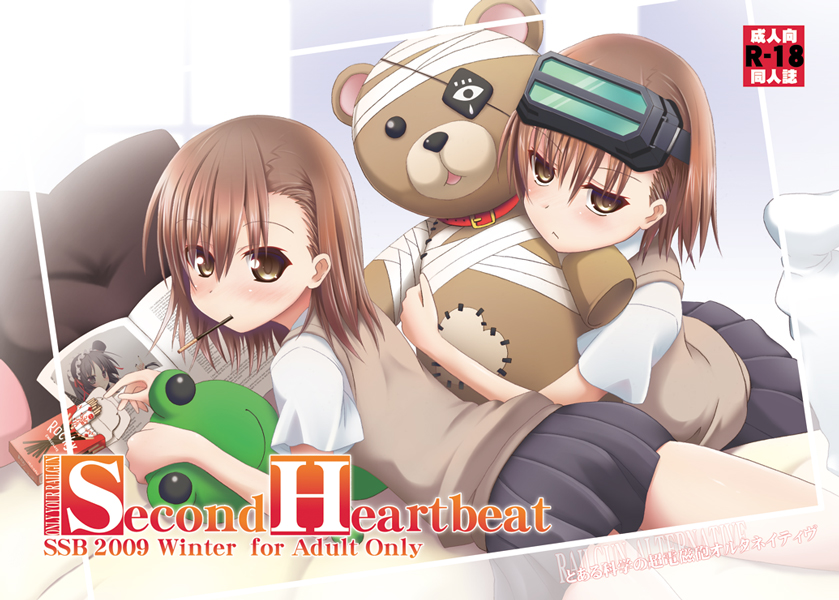 akiyama_mio, akiyama_mio_(cameo), bandages, blush, collar, eating, eyepatch, frog, gekota, head_mounted_display, k-on!, kneehighs, loose_socks, magazine, maririn, misaka_imouto, misaka_mikoto, mouth_hold, pillow, pocky, skirt, socks, stuffed_animal, stuffed_toy, sweater_vest, teddy_bear, to_aru_majutsu_no_index