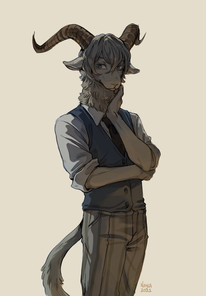 1boy, artist_name, beastars, black_necktie, blue_vest, closed_mouth, collared_shirt, commentary