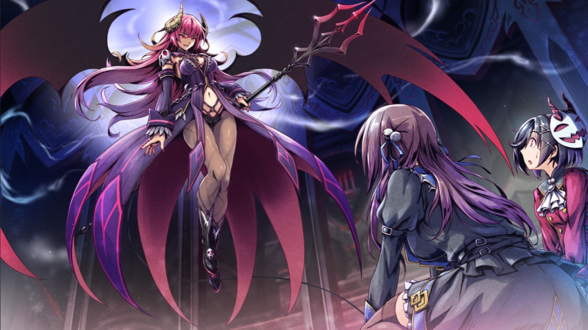 3girls, black_hair, blue_ribbon, brown_hair, castle, cloak, demon_girl, demon_horns