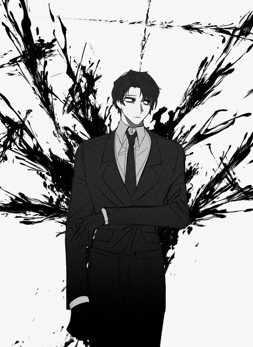 1boy, arm_at_side, black_blood, black_eyes, black_gloves, black_hair, black_jacket, black_necktie