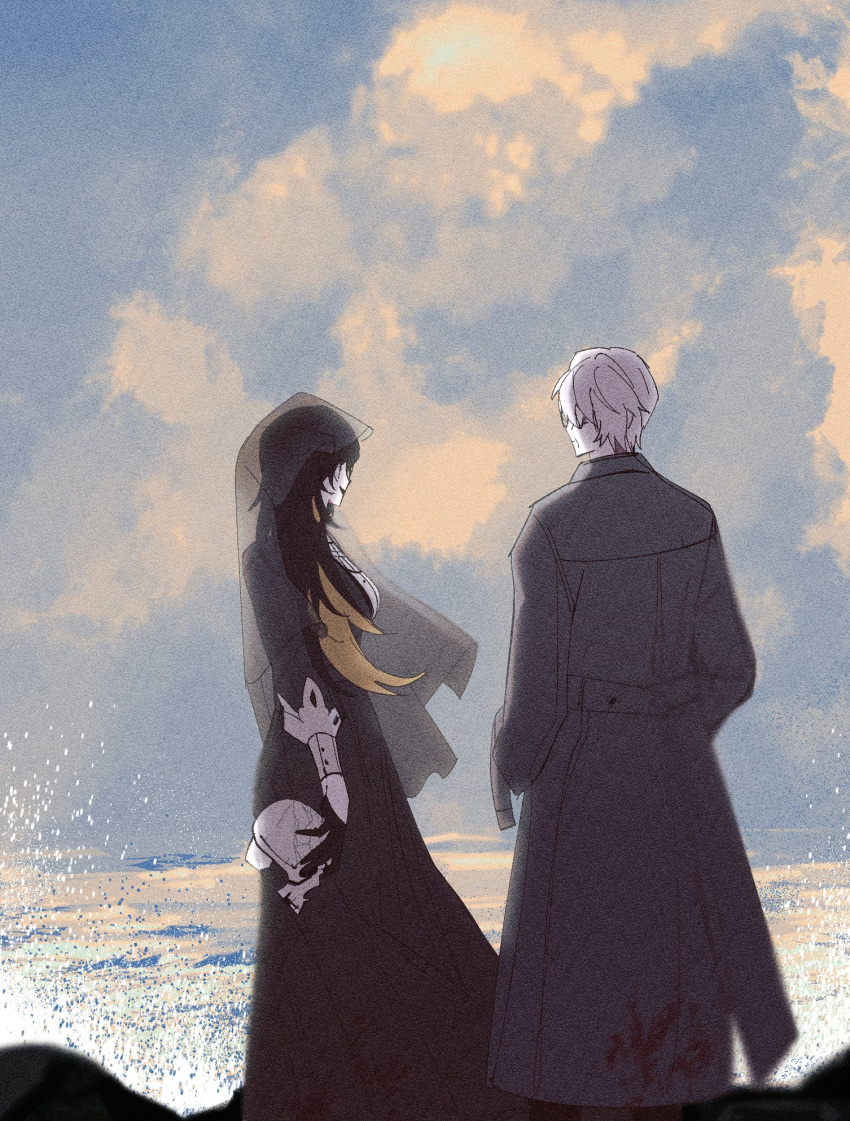 1boy, 1girl, binah_(project_moon), black_dress, black_gloves, black_hair, black_veil, blonde_hair