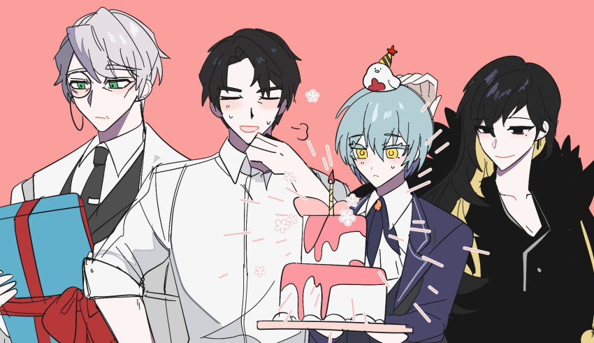 2boys, 2girls, angela_(project_moon), binah_(project_moon), birthday_cake, black_eyes, black_hair, blonde_hair