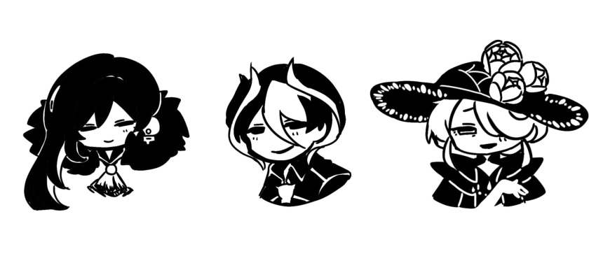 3girls, ascot, binah_(project_moon), bow, chibi, cogita_(pokemon), collared_shirt, earrings