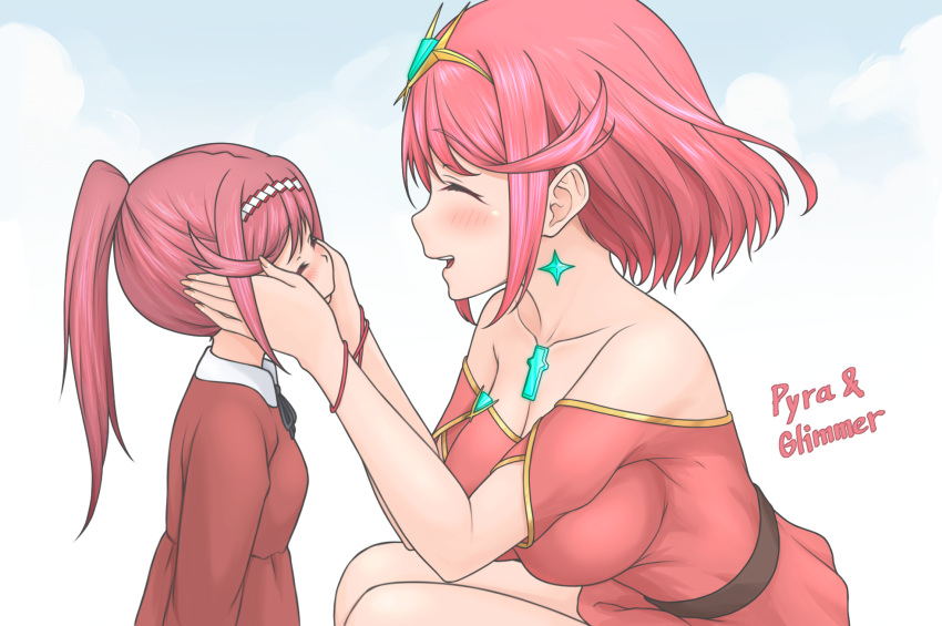 2girls, aged_down, alternate_costume, bare_shoulders, bob_cut, breasts, character_name, chest_jewel