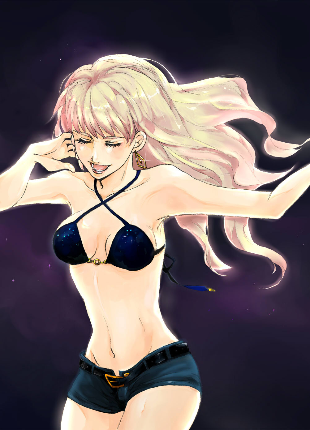 bra, breasts, cleavage, earrings, highres, imoko, imoko_(kuryusei), jewelry, lingerie, long_hair, macross, macross_frontier, navel, pink_hair, sheryl_nome, short_shorts, shorts, underwear