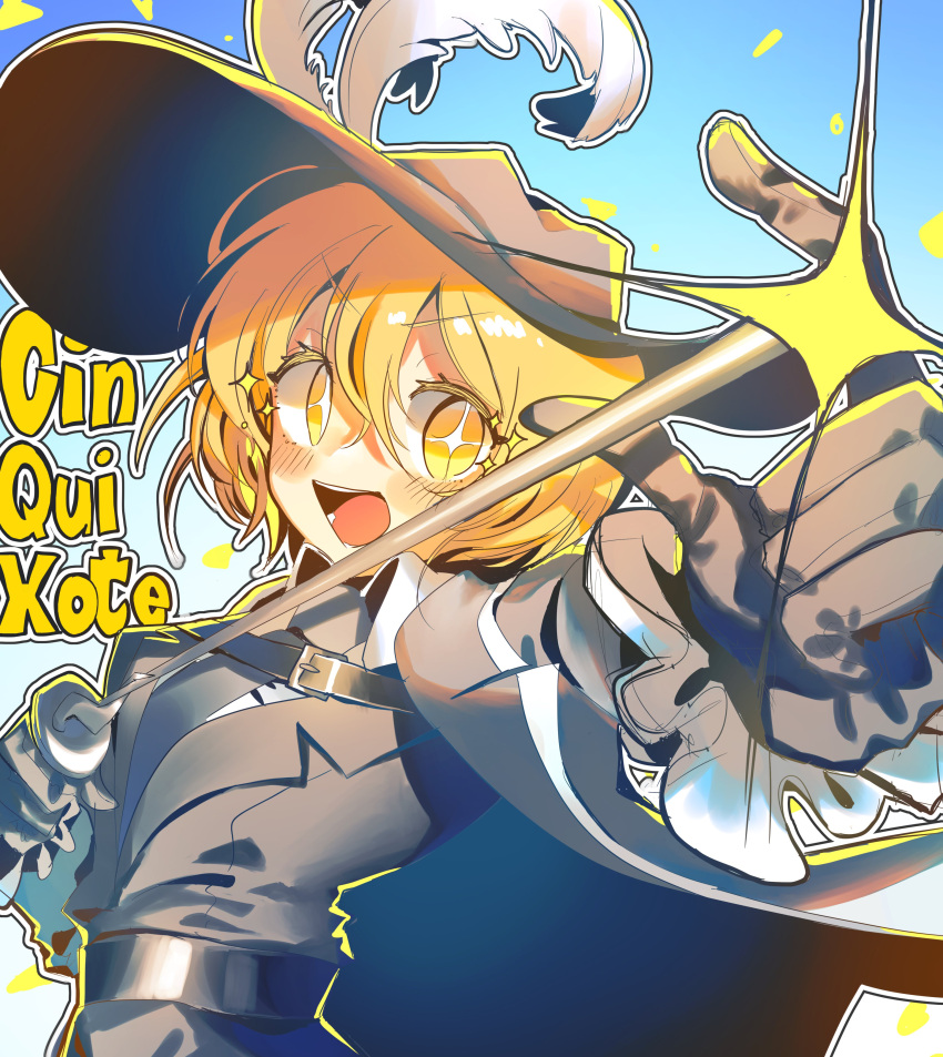 1girl, absurdres, belt, black_belt, black_headwear, black_jacket, black_necktie, blonde_hair, blue_necktie, blush, character_name, collared_shirt, don_quixote_(limbus_company), em3ang, hat, hat_feather, highres, holding, holding_sword, holding_weapon, jacket, limbus_company, necktie, open_mouth, project_moon, rapier, shirt, short_hair, sidelocks, smile, solo, sparkling_eyes, sword, weapon, white_shirt, yellow_eyes