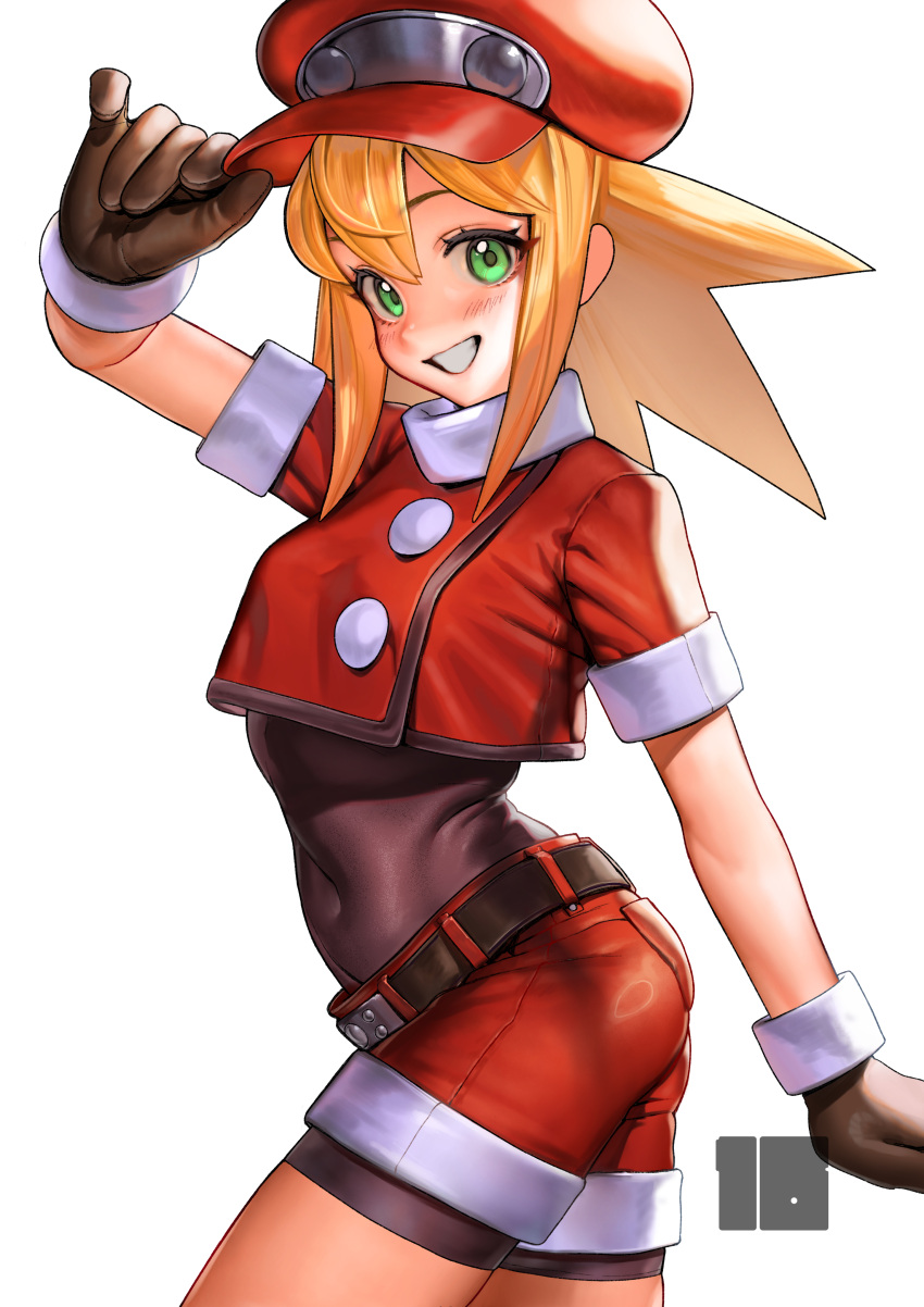 1girl, absurdres, ass, bike_shorts, bike_shorts_under_shorts, blonde_hair, brown_gloves, cabbie_hat