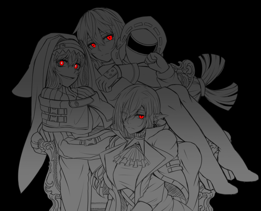 114514_(54857733), 3girls, arknights, arms_around_neck, ascot, belt, boots, breasts