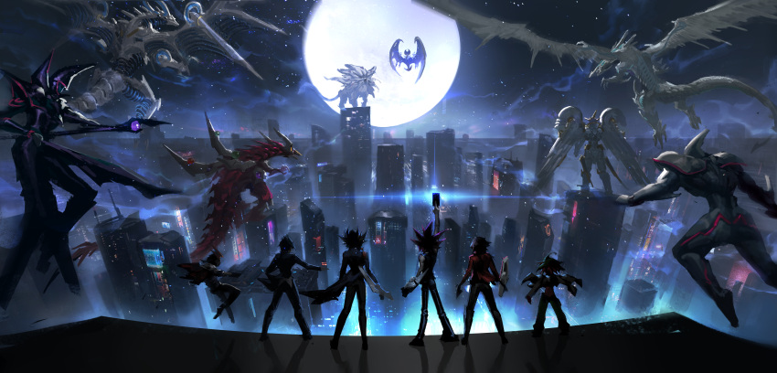 6+boys, absurdres, arm_up, bare_shoulders, black_hair, brown_hair, card, character_request