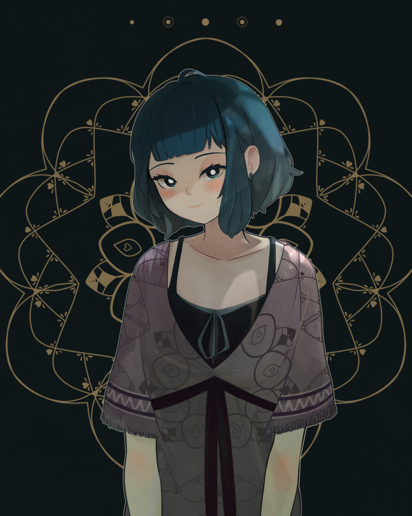 1girl, absurdres, arms_at_sides, black_background, black_camisole, blue_eyes, blue_hair, blunt_bangs