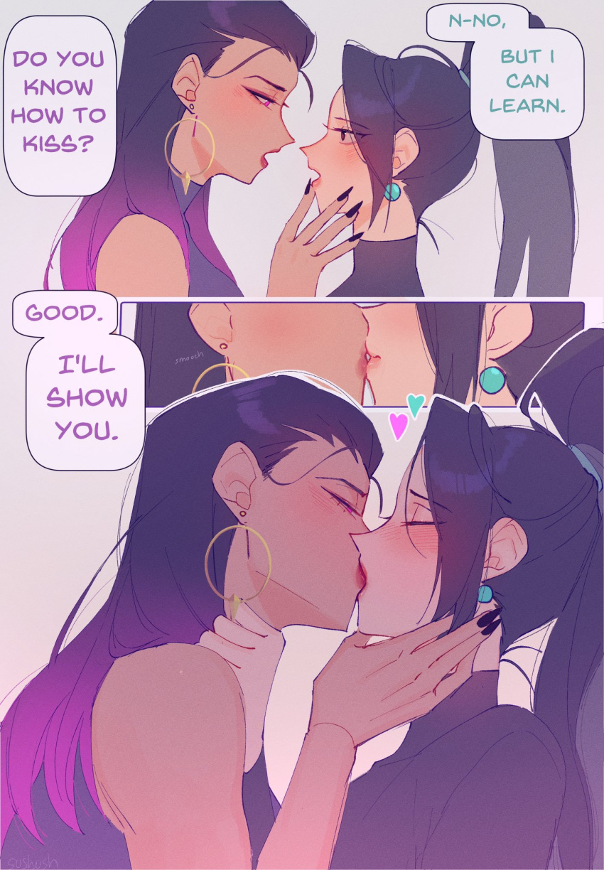 2girls, artist_name, black_hair, blush, closed_eyes, earrings, english_text, fingernails, highres, hoop_earrings, jewelry, kiss, multicolored_hair, multiple_girls, purple_hair, reyna_(valorant), sage_(valorant), sharp_fingernails, sussy_(sushushh), valorant, violet_eyes, yuri