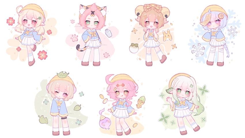 6+girls, aged_down, ahoge, alternate_costume, animal_ear_fluff, animal_ears, bandaged_leg, bandages, bangs_pinned_back, bell, bell_background, black_garter, blonde_hair, blue_shirt, blunt_ends, blush, bob_cut, bottle, bow, bow-shaped_hair, braid, brown_eyes, brown_footwear, brown_hair, cat_ear_footwear, cat_ears, cat_tail, chibi, child, clenched_hands, closed_mouth, clover_background, clover_hair_ornament, coin, coin_background, coin_hair_ornament, collared_shirt, diamond_hair_ornament, diona_(genshin_impact), dori_(genshin_impact), english_commentary, eyelashes, fantasy, floral_background, flower, frilled_sailor_collar, frills, gem, genshin_impact, gradient_hair, green_bow, green_eyes, green_flower, green_gemstone, green_hair, hair_bell, hair_flower, hair_ornament, hairclip, hand_on_own_hip, hat, highres, holed_coin, hunched_over, jinni_(genshin_impact), kindergarten_uniform, klee_(genshin_impact), kneehighs, leaf, leaf_background, leg_up, light_brown_hair, light_frown, light_purple_hair, long_hair, long_sleeves, loose_hair_strand, low-braided_long_hair, low_twintails, medium_hair, milk_bottle, miniskirt, multicolored_ears, multicolored_hair, multicolored_tail, multiple_girls, nahida_(genshin_impact), ofuda_on_head, one_eye_closed, open_mouth, paw_print, paw_print_background, petals, pink_eyes, pink_hair, pleated_skirt, plus_sign, pointy_ears, pom_pom_(clothes), qiqi_(genshin_impact), red_eyes, sailor_collar, sayu_(genshin_impact), shirt, shoes, side_braid, side_ponytail, sidelocks, single_braid, skirt, sleeves_past_fingers, sleeves_past_wrists, smile, snow, snowflake_background, snowflakes, socks, sparkle, striped, striped_socks, tail, thigh-highs, thigh_garter, tongue, tongue_out, triangle_mouth, twintails, twitter_username, two-tone_hair, two_side_up, waving, wavy_hair, white_background, white_hair, white_sailor_collar, white_skirt, white_socks, white_thighhighs, wide_sleeves, yaoyao_(genshin_impact), yellow_eyes, yellow_flower, yellow_headwear, yellow_trim, yuegui_(genshin_impact), yukomeow