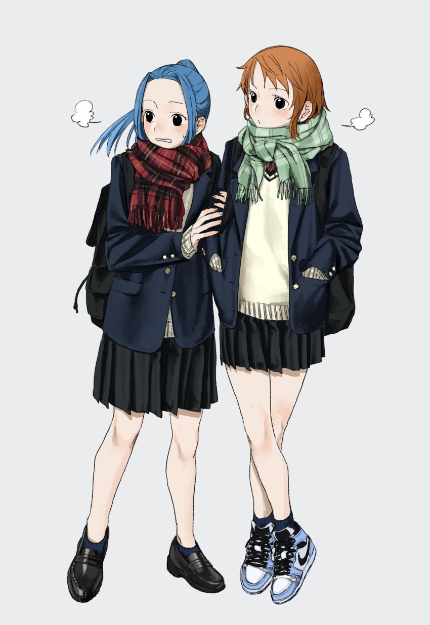 2girls, alternate_costume, backpack, bag, black_footwear, black_skirt, blue_hair, blue_jacket