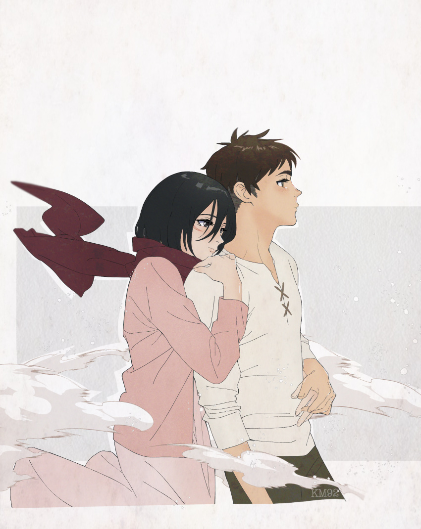 1boy, 1girl, absurdres, black_eyes, black_hair, brown_hair, commentary, commission, dress, english_commentary, eren_yeager, hair_between_eyes, hetero, highres, km92, long_dress, mikasa_ackerman, pink_dress, red_scarf, scar, scar_on_cheek, scar_on_face, scarf, shingeki_no_kyojin