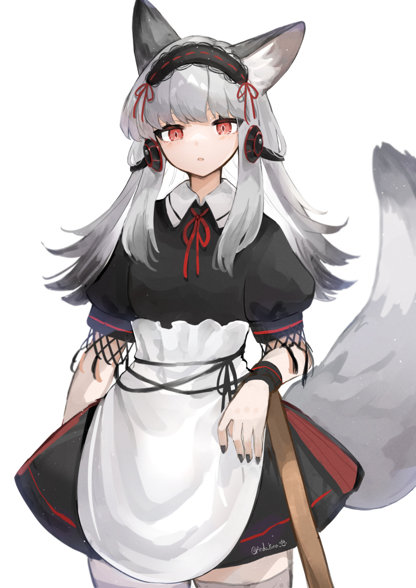 1girl, andou_yuna, animal_ears, arknights, black_dress, black_nails, collared_dress, cowboy_shot