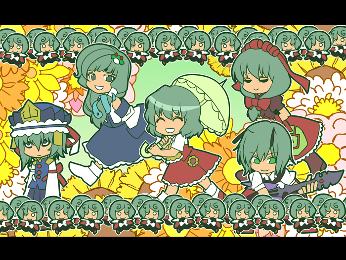 ^_^, antennae, ascot, bags_under_eyes, chibi, clone, closed_eyes, detached_sleeves, flower, front_ponytail, green_eyes, green_hair, guitar, hair_ornament, hat, instrument, kagiyama_hina, kazami_yuuka, kochiya_sanae, letterboxed, mogumogu, multiple_girls, o_o, ribbon, shikieiki_yamaxanadu, skirt, skirt_set, touhou, umbrella, vest, walking, wriggle_nightbug