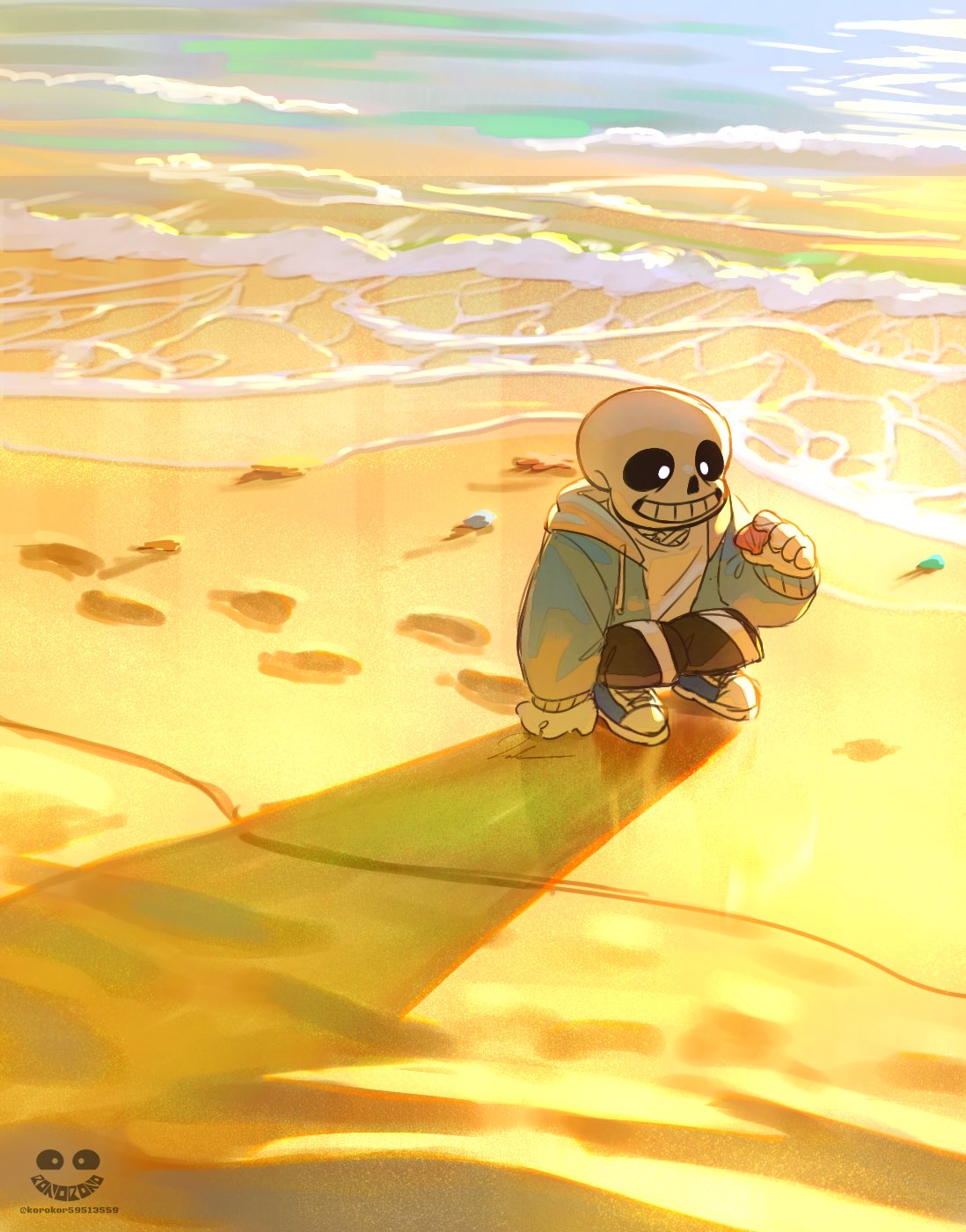 1boy, beach, black_shorts, blue_footwear, blue_jacket, highres, holding, holding_shell, hood, hood_down, hooded_jacket, jacket, male_focus, noah_(rokoroko), open_clothes, open_jacket, outdoors, sand, sans_(undertale), shell, shirt, shorts, skeleton, sneakers, solo, sunset, teeth, twitter_username, undertale, water, white_shirt