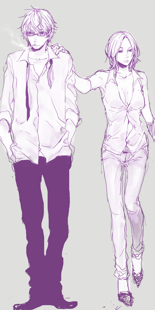 1girl, breasts, cigarette, cleavage, couple, durarara!!, hand_in_pocket, hand_on_shoulder