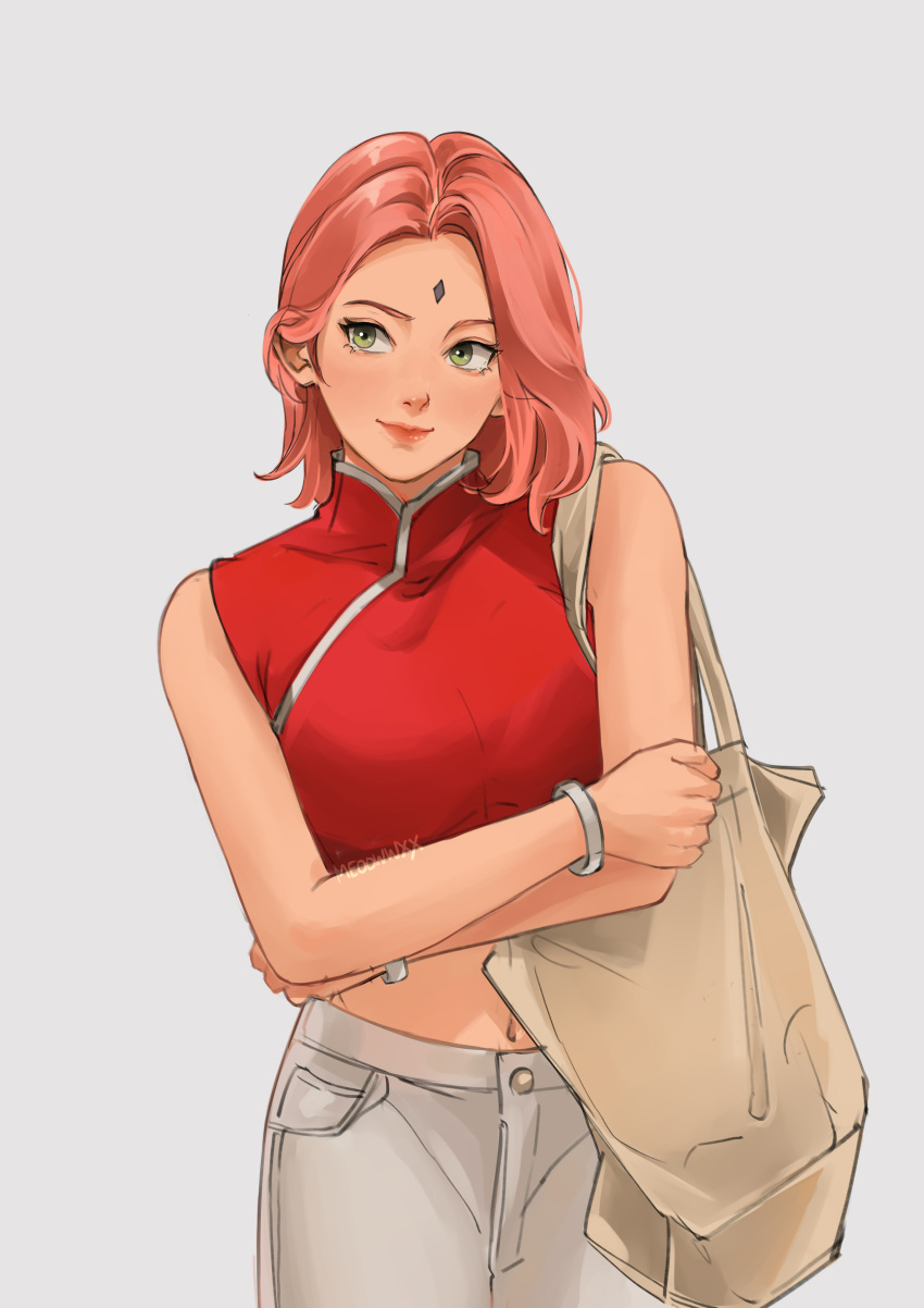 1girl, absurdres, artist_name, bag, bare_shoulders, bracelet, breasts, closed_mouth, crop_top, crossed_arms, facial_mark, forehead_mark, green_eyes, grey_background, grey_pants, haruno_sakura, highres, jewelry, looking_to_the_side, mandarin_collar, medium_breasts, medium_hair, meoowwxx, midriff, naruto_(series), navel, pants, parted_bangs, pink_hair, red_shirt, shirt, shoulder_bag, smile, solo