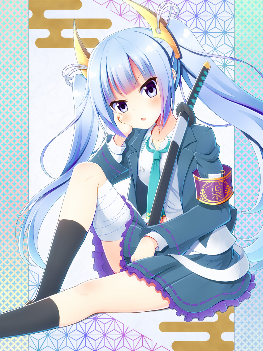 1girl, absurdres, armband, bandaged_leg, bandages, blazer, blue_eyes, blue_hair, highres, horn_hair_ornament, ishida-masamune_kiriko, iwarihhi, jacket, katana, long_hair, necktie, shinken!!, skirt, solo, sword, twintails, weapon