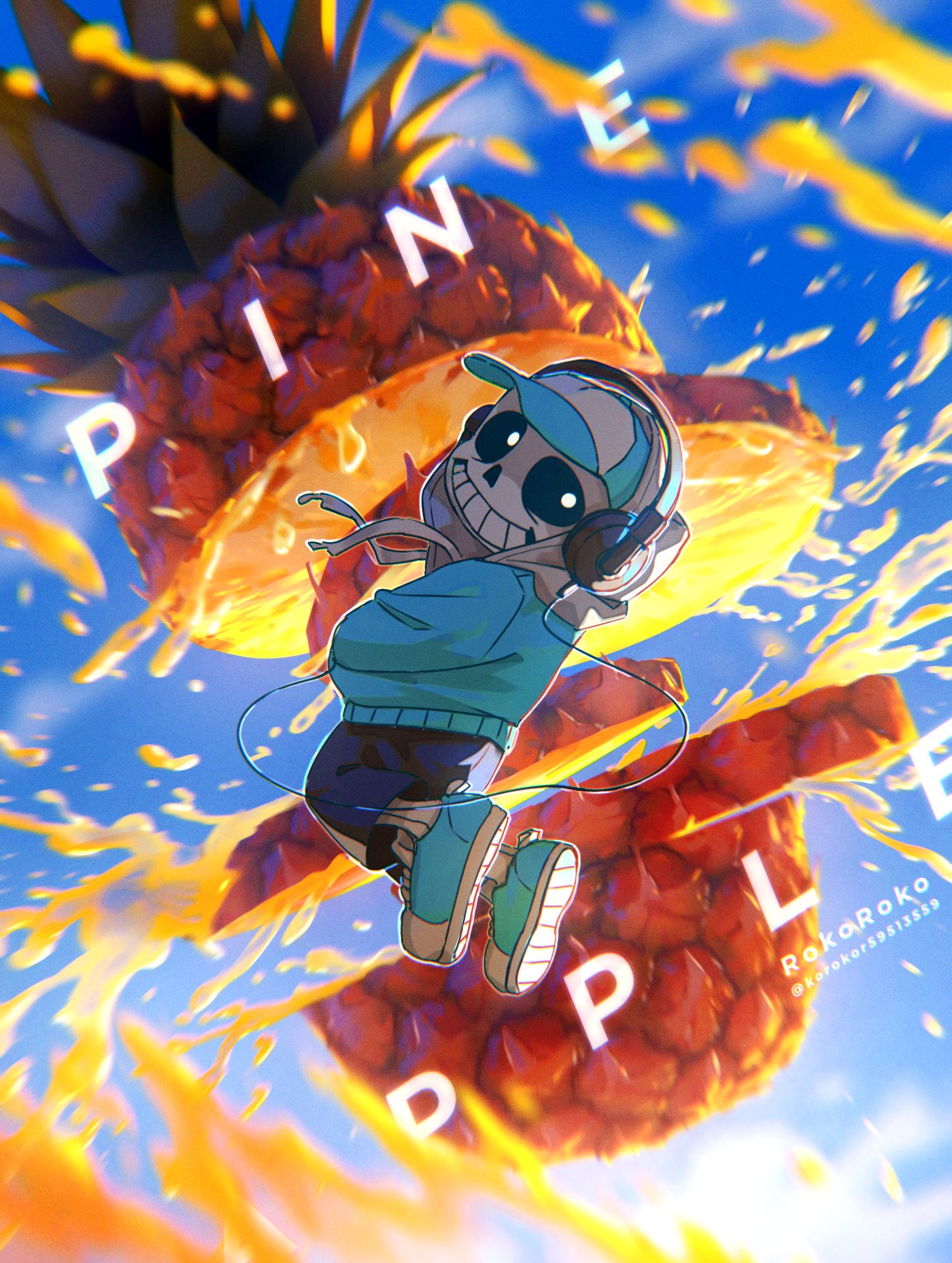 1boy, artist_name, baseball_cap, black_shorts, blue_jacket, english_text, food, fruit