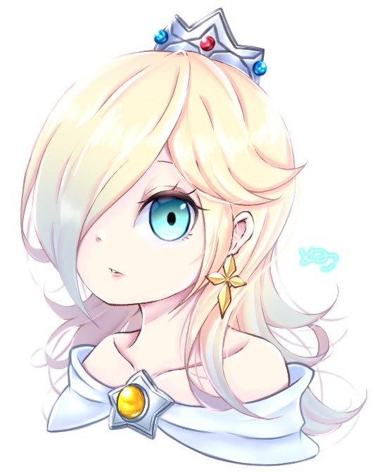 1girl, bare_shoulders, blue_eyes, brooch, collarbone, crown, dress, earrings