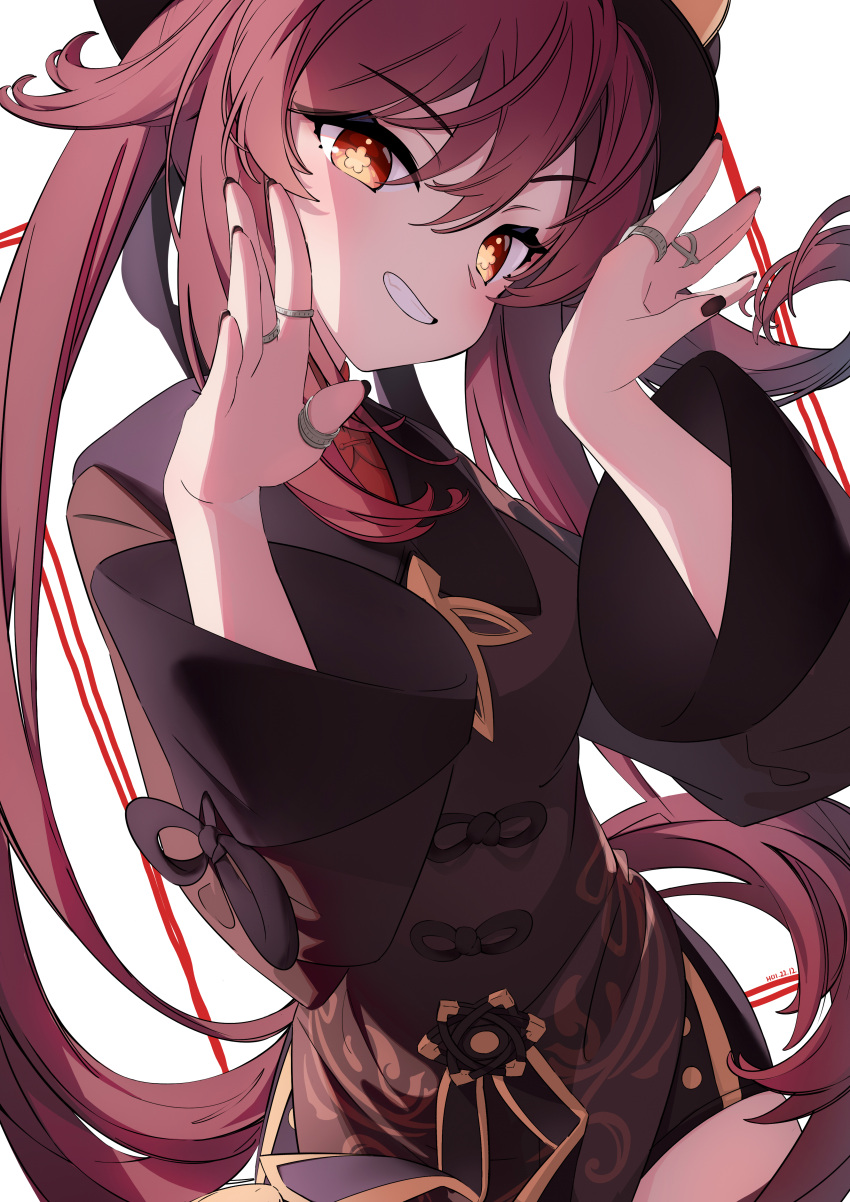 1girl, absurdres, black_headwear, black_nails, blush, brown_coat, brown_hair, coat
