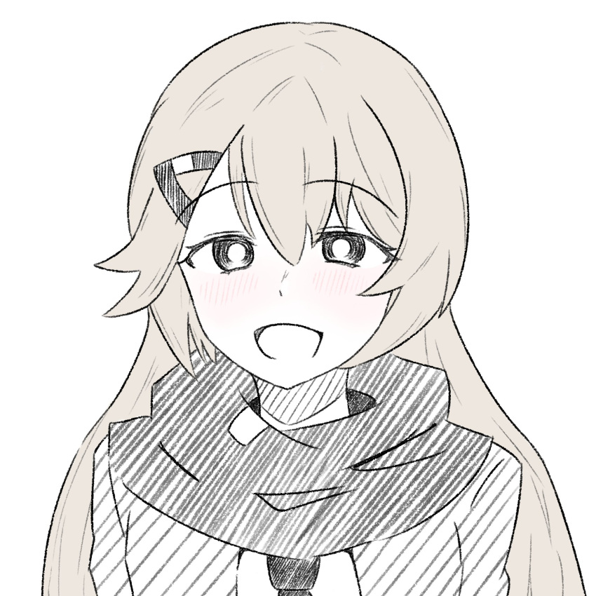 1girl, :d, black_eyes, black_necktie, black_scarf, blush, depressionmg4, girls_frontline