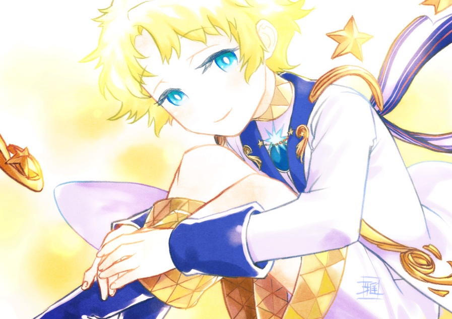 1boy, blonde_hair, blue_eyes, blue_footwear, bright_pupils, closed_mouth, eyelashes, fate/grand_order