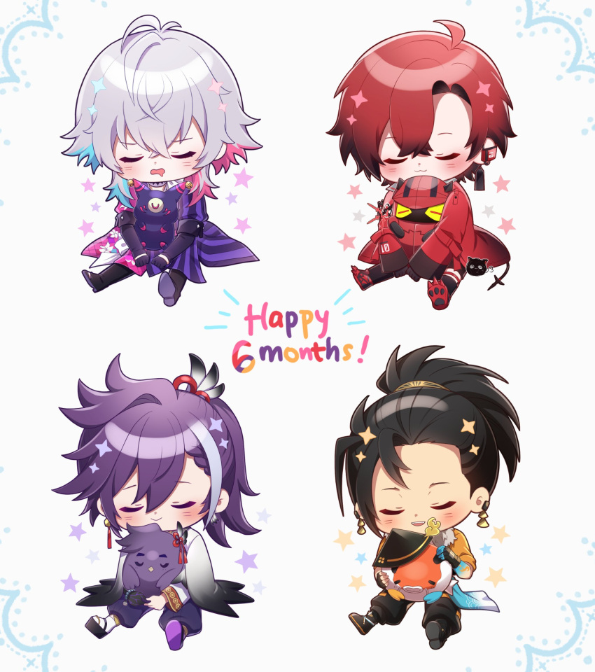 4boys, ahoge, anniversary, asymmetrical_clothes, banzoin_hakka, bird, black_gloves, black_hair