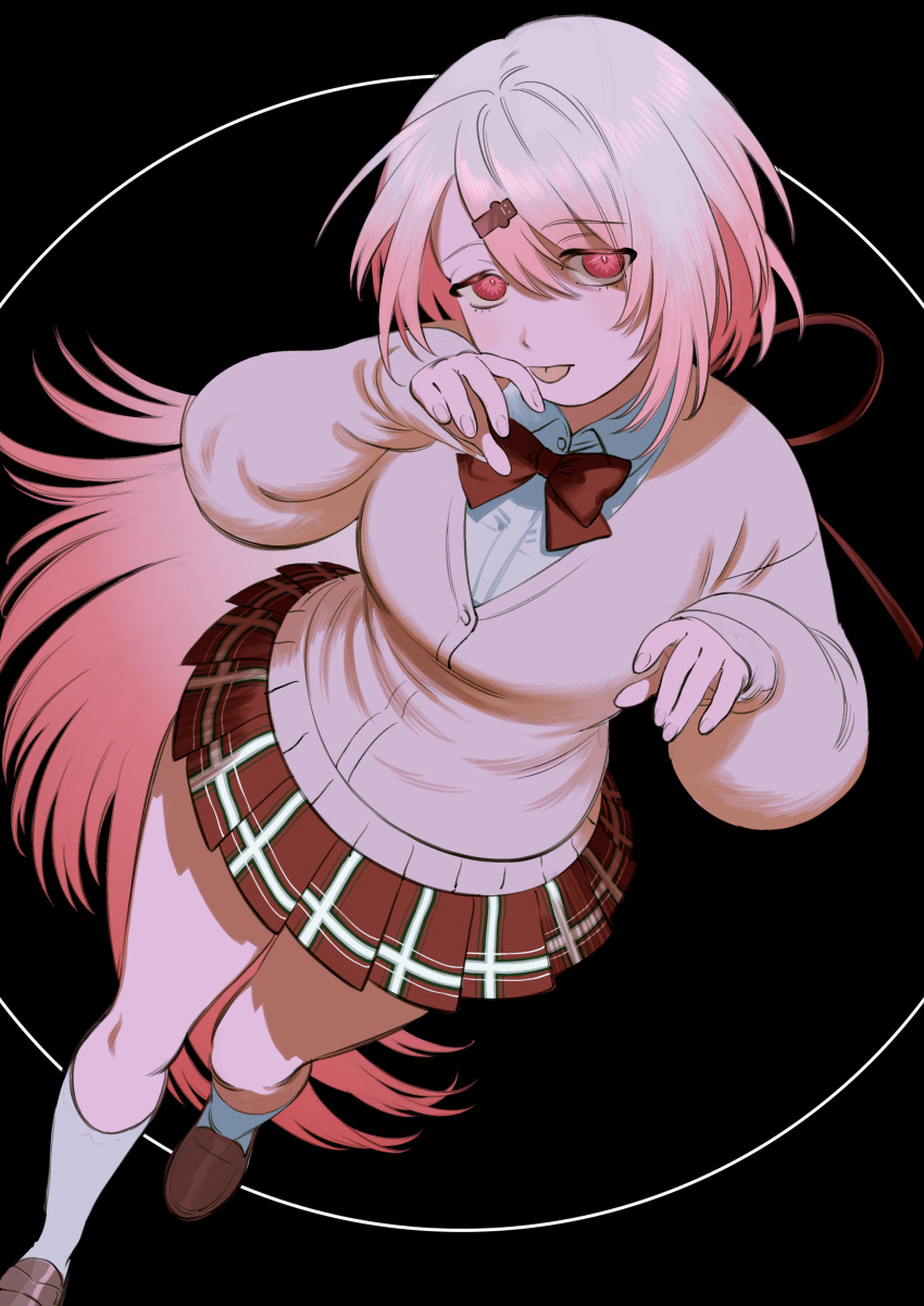 1girl, absurdres, black_background, bow, bowtie, breasts, bright_pupils, brown_footwear