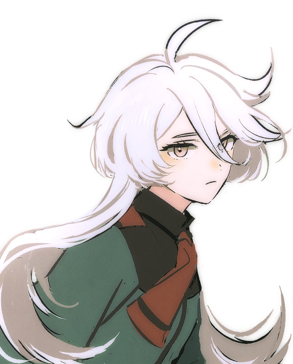 1girl, ahoge, asticassia_school_uniform, closed_mouth, commentary_request, green_jacket, grey_eyes, gundam, gundam_suisei_no_majo, hair_between_eyes, highres, jacket, korean_commentary, long_hair, looking_at_viewer, miorine_rembran, school_uniform, simple_background, solo, ung_100, upper_body, white_background, white_hair