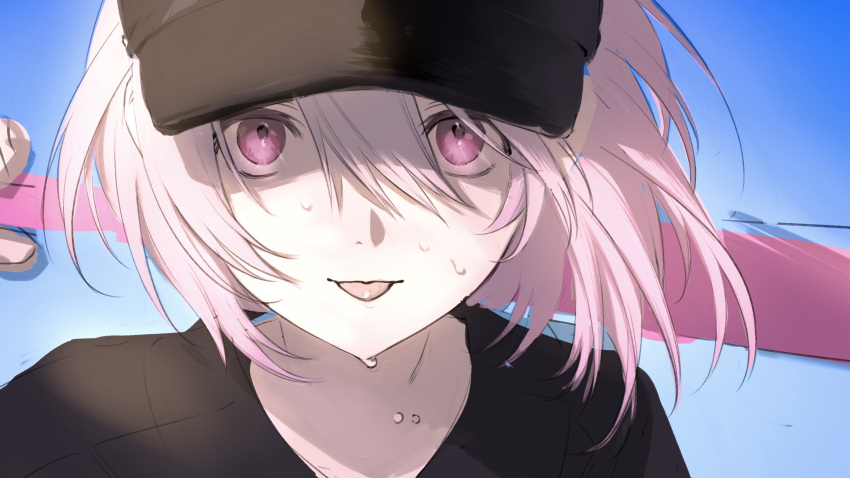 1girl, alternate_costume, baseball_bat, baseball_cap, black_headwear, black_shirt, blue_background, commentary_request