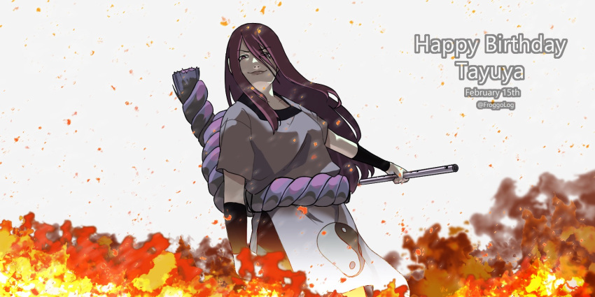 1girl, artist_name, birthday, character_name, clenched_hand, closed_mouth, english_commentary, fire, flute, froggolog, hair_between_eyes, happy_birthday, highres, holding, holding_instrument, instrument, long_hair, looking_at_viewer, naruto, naruto_(series), ninja, redhead, rope, shimenawa, short_sleeves, smile, solo, tayuya_(naruto), yin_yang