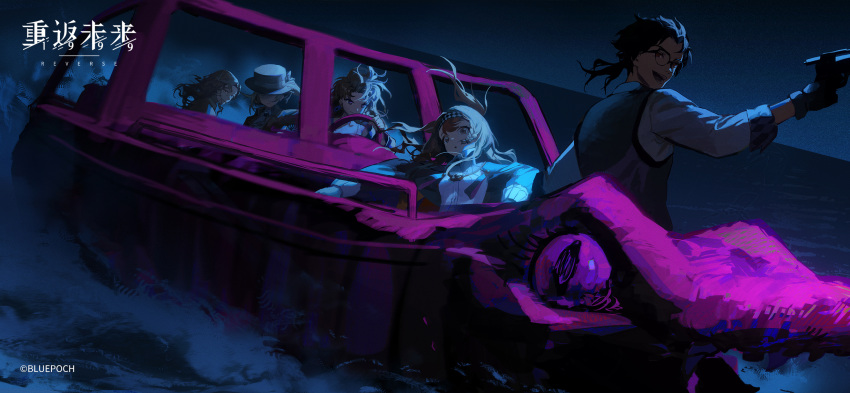 1boy, 4girls, :d, :o, adjusting_clothes, adjusting_headwear, animal-themed_vehicle, blonney