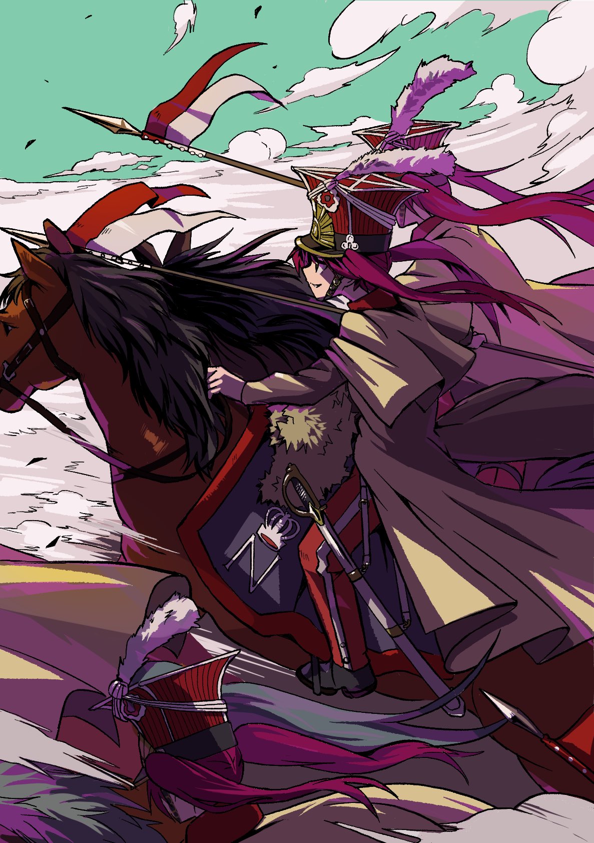 3girls, army, blue_sky, boots, brown_horse, cavalry, cavalry_sword, charging_forward, coat, czapka, flag, france, french_army, hat, highres, holding, holding_polearm, holding_reins, holding_weapon, horse, horseback_riding, lance, long_hair, military, military_uniform, multiple_girls, original, pants, poland, polearm, polish_flag, redhead, reins, riding, saber_(weapon), saddle, sky, smile, soldier, spear, stirrups, sword, twintails, uniform, weapon, zeinikunosekai