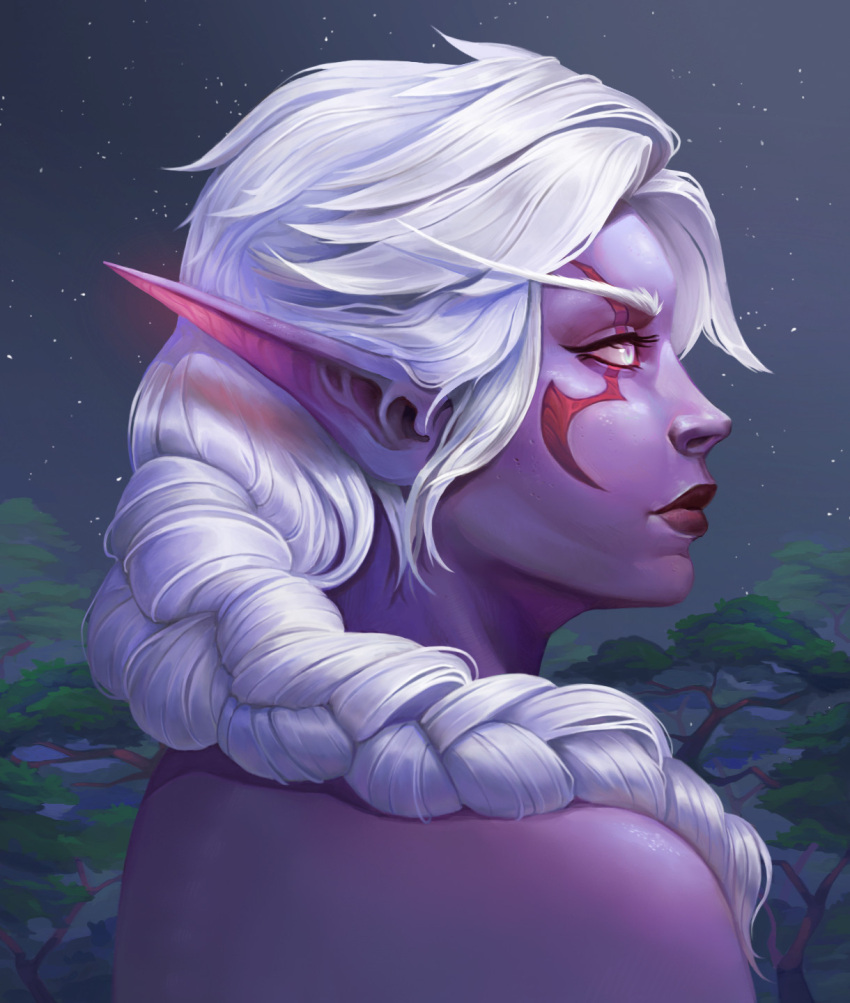 1girl, braid, colored_skin, commentary, elf, english_commentary, from_side, highres