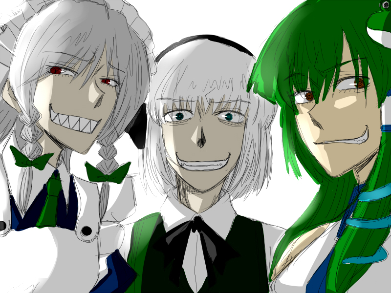 artist_request, evil_smile, grin, izayoi_sakuya, kochiya_sanae, konpaku_youmu, sharp_teeth, short_hair, smile, touhou, waishou_(fusuma), you_gonna_get_raped
