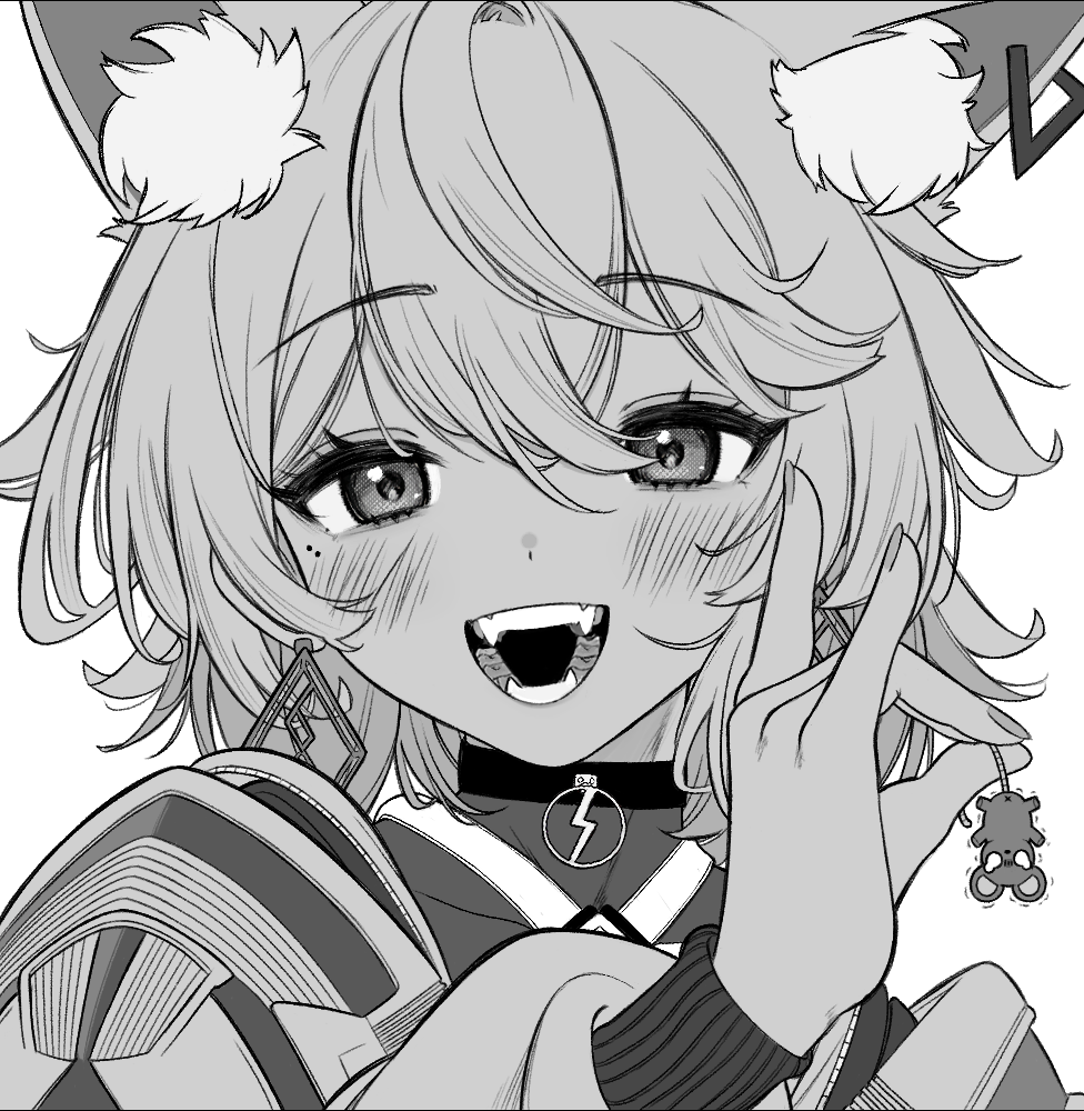 1girl, alzcats, animal_ear_fluff, animal_ears, armor, blush, cevio, coko_(cevio), commentary, diamond_earrings, earrings, fangs, fox_ears, fox_girl, fox_shadow_puppet, greyscale, half-closed_eyes, hand_up, holding_another's_tail, jewelry, kamitsubaki_studio, long_sleeves, looking_at_viewer, medium_hair, messy_hair, mole, mole_under_eye, monochrome, mouse, open_mouth, pauldrons, pendant_choker, portrait, puffy_long_sleeves, puffy_sleeves, raised_eyebrows, shoulder_armor, simple_background, sleeve_cuffs, smile, solo, tail, teeth