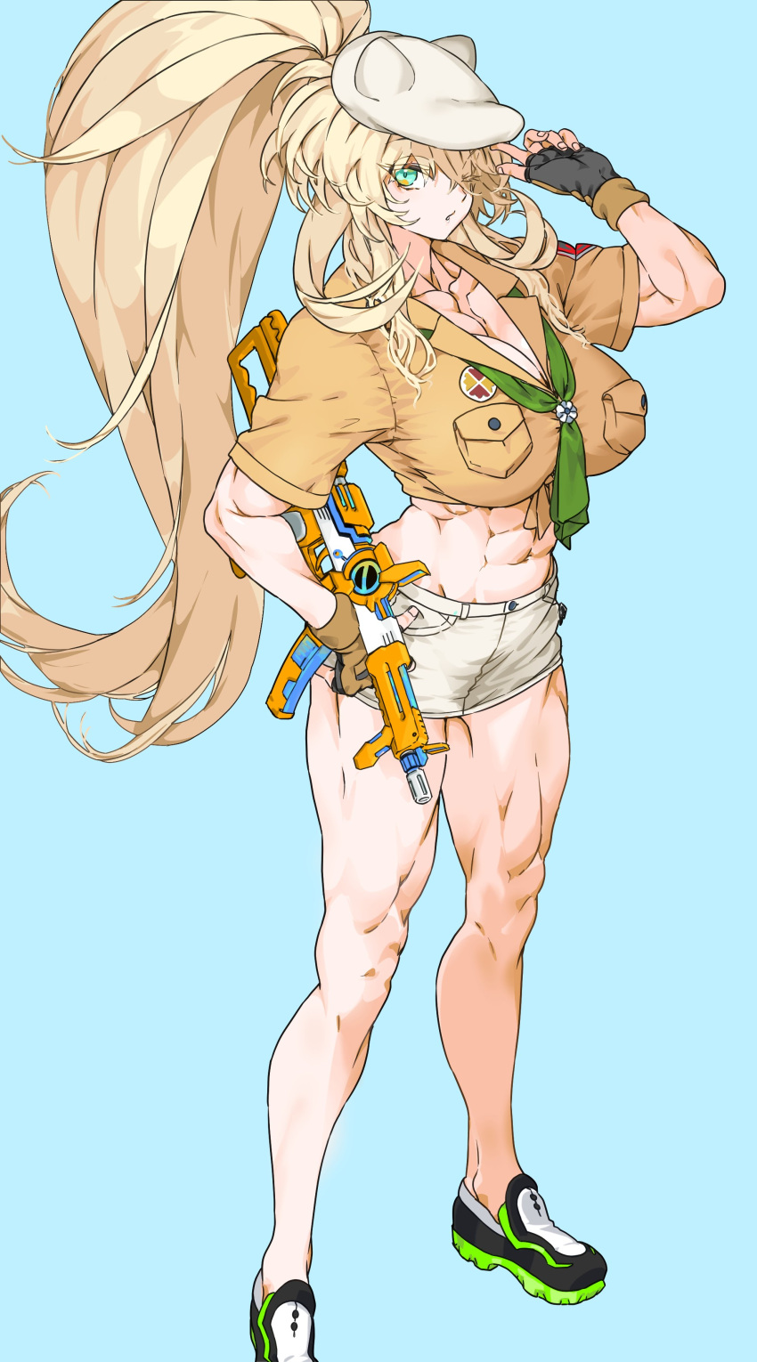1girl, abs, absurdres, barghest_(fate), barghest_(swimsuit_archer)_(fate), biceps, blonde_hair, breasts, crop_top, fate/grand_order, fate_(series), fingerless_gloves, gloves, green_eyes, haimura_kiyotaka, high_ponytail, highres, large_breasts, long_hair, looking_at_viewer, midriff, miniskirt, muscular, muscular_female, official_art, open_mouth, scout_uniform, shirt, skirt, solo, standing, thick_thighs, thighs, tied_shirt, water_gun, yellow_gloves