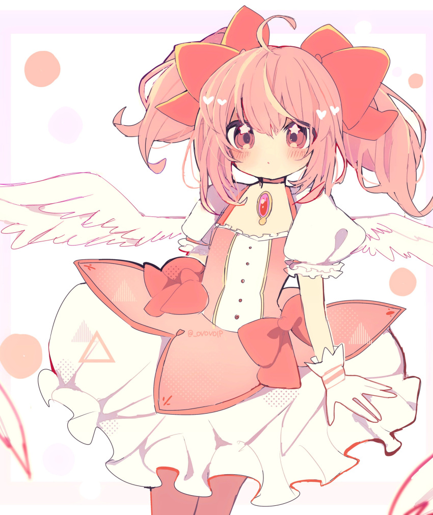 1girl, absurdres, ahoge, blush, breasts, brooch, closed_mouth, cowboy_shot, dot_mouth, frilled_sleeves, frills, gloves, hair_between_eyes, heart, highres, jewelry, kaname_madoka, looking_at_viewer, magical_girl, mahou_shoujo_madoka_magica, medium_hair, no_nose, ovoip, pink_eyes, pink_hair, puffy_short_sleeves, puffy_sleeves, red_brooch, short_sleeves, simple_background, small_breasts, solo, star-shaped_pupils, star_(symbol), symbol-shaped_pupils, twitter_username, two_side_up, white_background, white_gloves, white_wings, wings