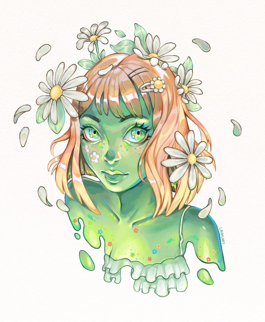 1girl, artist_name, colored_skin, commentary, daisy, english_commentary, flower, green_eyes, green_skin, hair_flower, hair_ornament, hairclip, highres, lauraklein, looking_to_the_side, medium_hair, orange_hair, original, portrait, simple_background, solo, white_background, white_flower