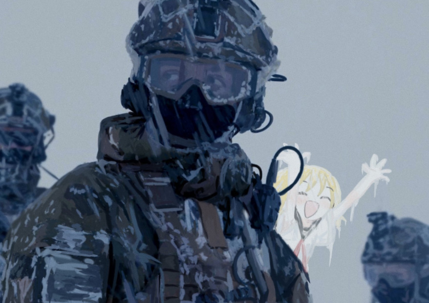 1girl, 3boys, ^_^, ahoge, arms_up, black_eyes, black_sailor_collar, blonde_hair, blurry, blurry_background, blush, closed_eyes, coat, combat_helmet, covered_mouth, derivative_work, excited, frozen, goggles, green_coat, grey_background, headphones, helmet, highres, ii_(wired_), load_bearing_vest, looking_to_the_side, mask, military, mouth_mask, multiple_boys, neck_ribbon, null-meta, open_mouth, photo-referenced, red_ribbon, ribbon, sailor_collar, school_uniform, serafuku, shirt, short_sleeves, smile, snow, snowing, sunglasses, tactical_clothes, uozumi_kurumi, upper_body, walkie-talkie, white_shirt