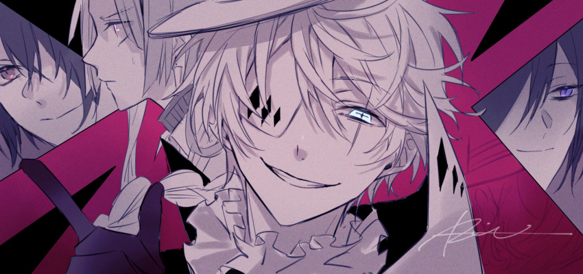 4boys, black_eyes, black_gloves, black_hair, blue_eyes, bungou_stray_dogs, closed_mouth, dazai_osamu_(bungou_stray_dogs)