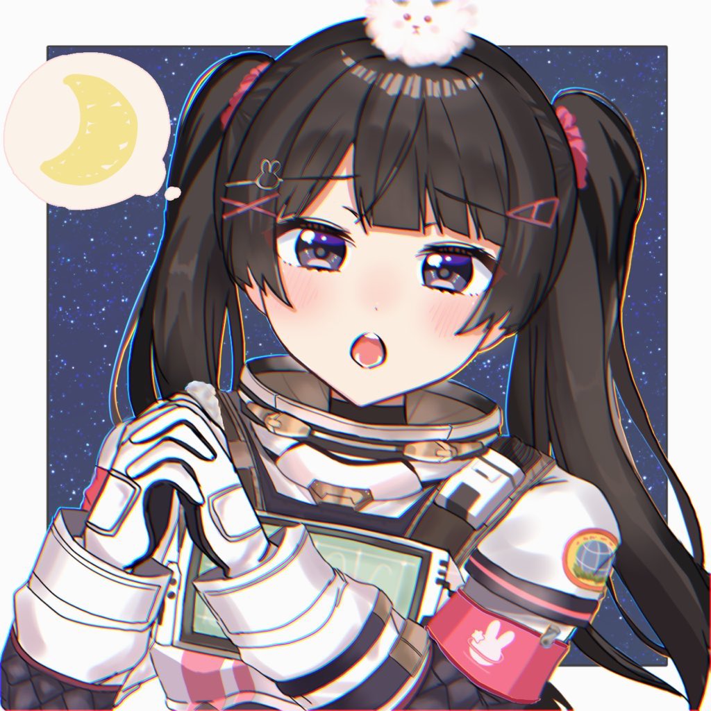 1girl, :o, armband, black_hair, blue_background, blush, border, commentary
